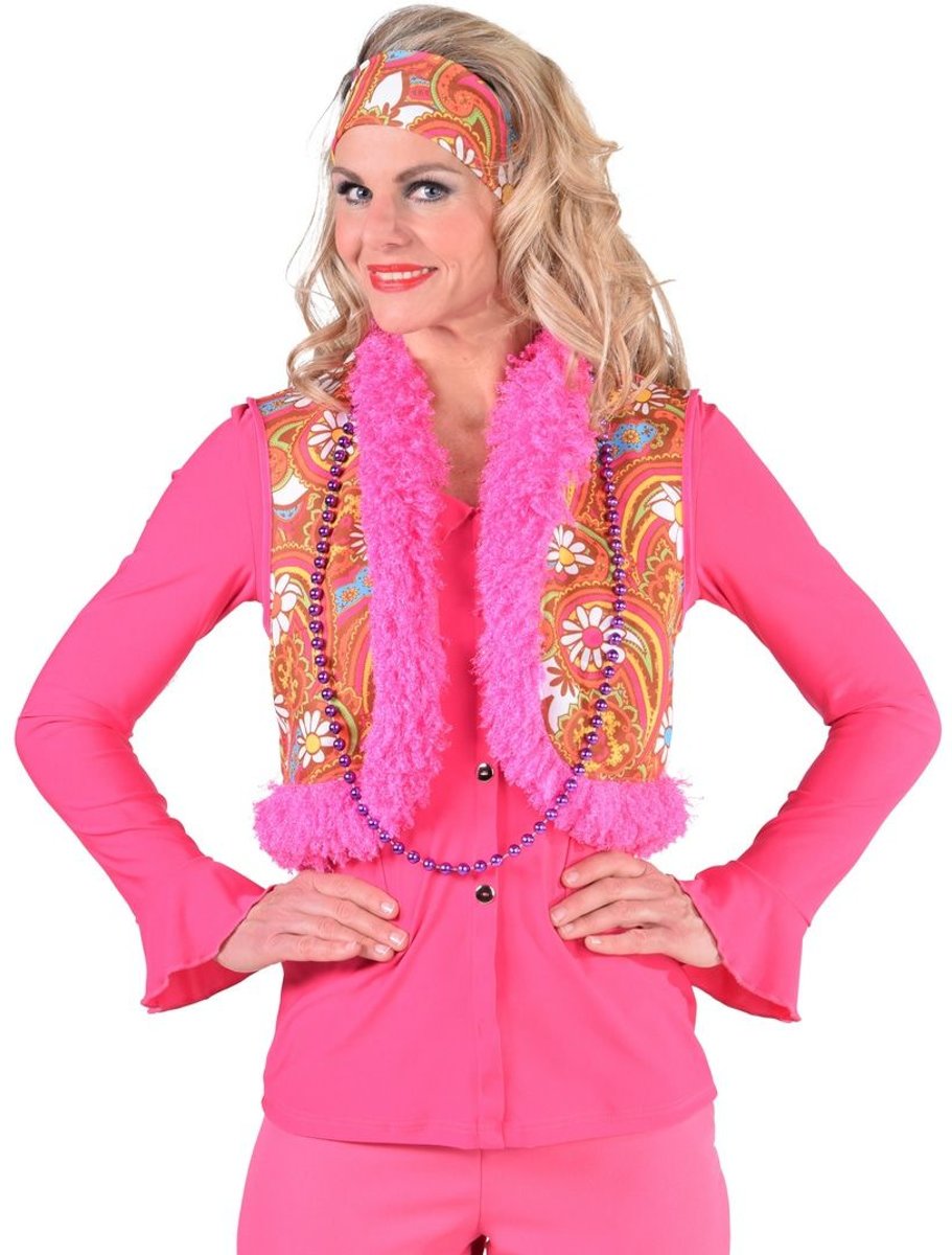 Hippie Kostuum | Lsd Hippie Vest Roze Lama Bont Vrouw | Large / XL | Carnaval kostuum | Verkleedkleding